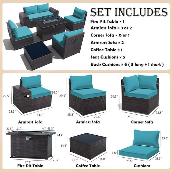 7-Piece Wicker Patio Fire Pit Set with 55000 BTU Gas Fire Pit Table, Coffee Table, Glass Wind Guard and Cushion Blue