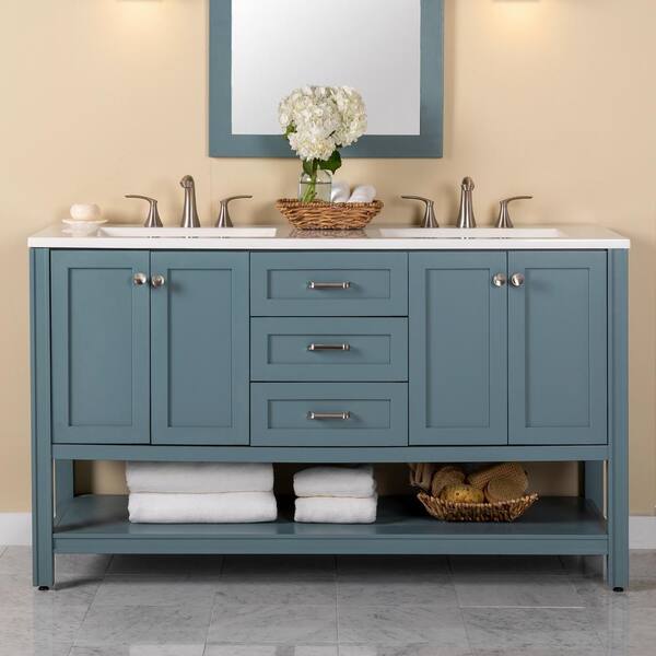 Home Decorators Collection Northwind 60 in. W x 19 in. D x 35 in. H Double Sink Freestanding Bath Vanity in Sage with White Cultured Marble Top