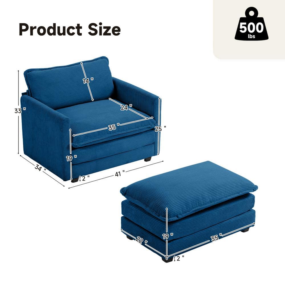 Navy Corduroy Metal Frame Accent Chair with Ottoman