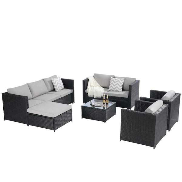 Sudzendf 6-Piece Patio Conversation Wicker Outdoor Furniture Sectional Set with Light Gray Cushions