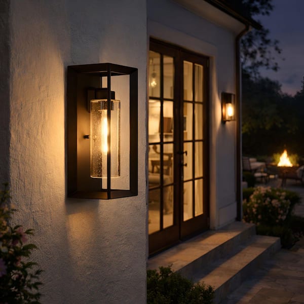 1-Light Dark Bronze Outdoor Wall Lantern Sconce with Clear Seeded Glass
