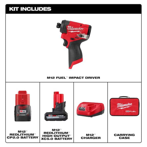 M12 FUEL 12-Volt Lithium-Ion Brushless Cordless 1/4 in. Hex Impact Driver Compact Kit with Batteries and Bag
