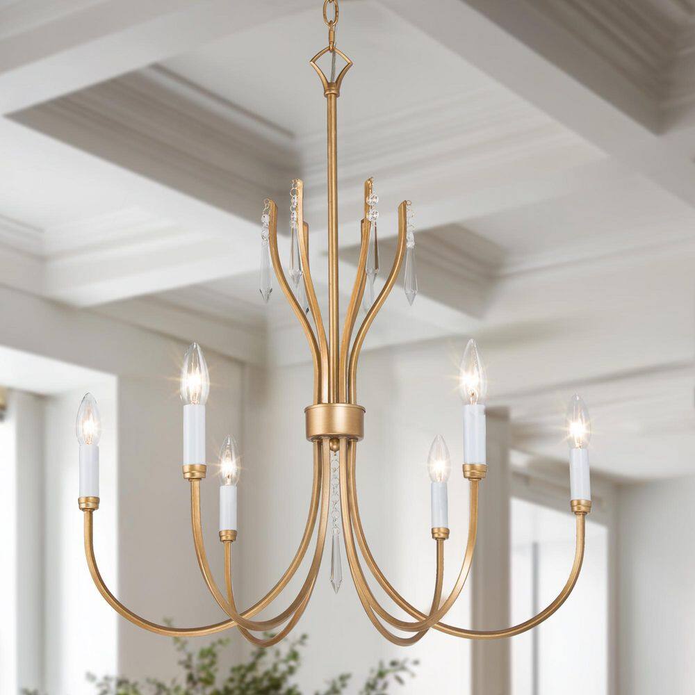 Vintage 6-Light Brushed Antique Gold White Candlestick Chandelier for Dining Room with Crystal Drop for Dining Room price history on PriceWatchPro