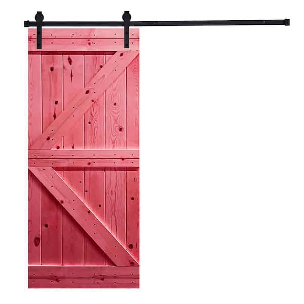 AIOPOP HOME K-Bar 36 in. x 84 in. Scarlet Red Stained Knotty Pine Wood DIY Sliding Barn Door with Hardware Kit