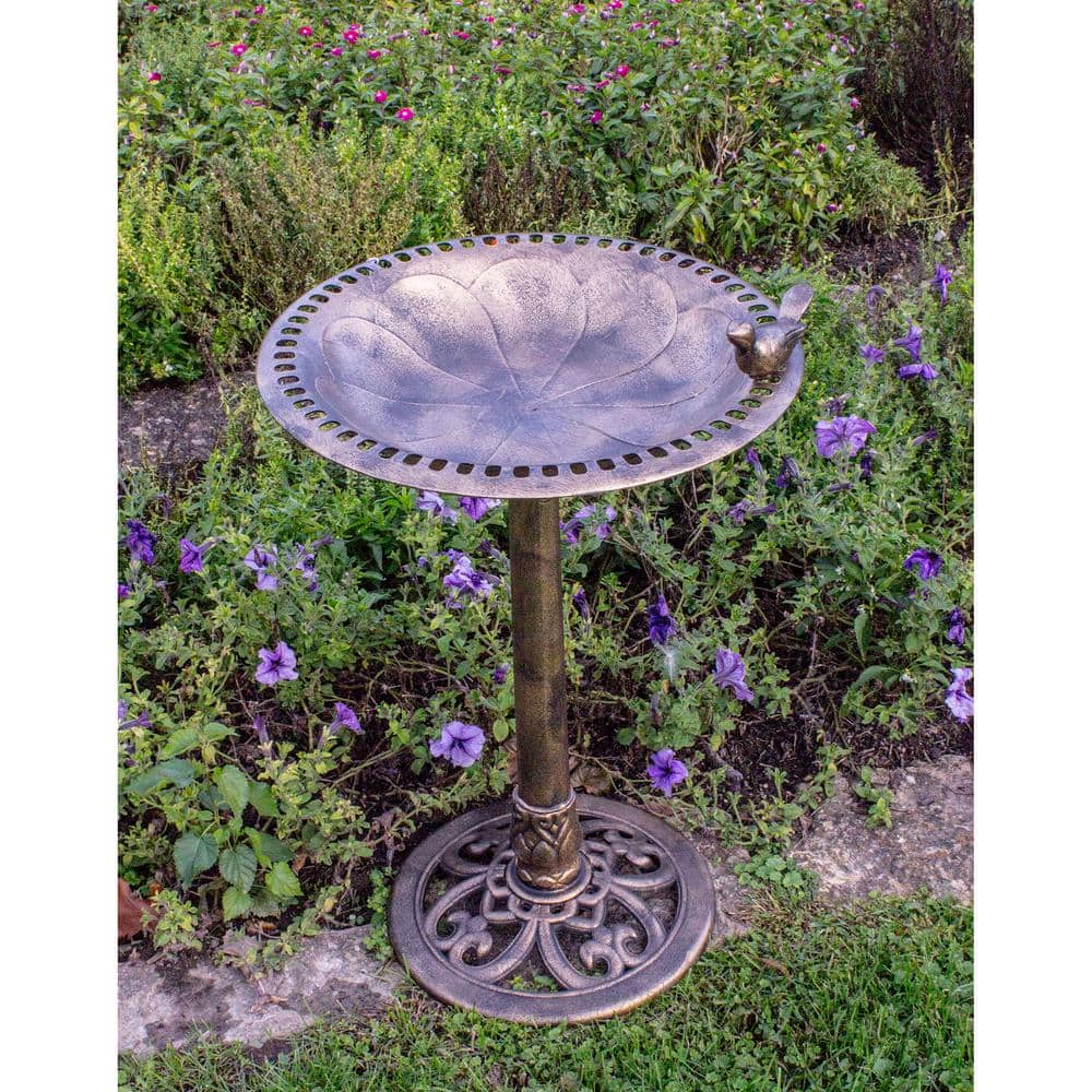 Antiqued Bronze Resin Bird Bath with Decorative Bird Attachment