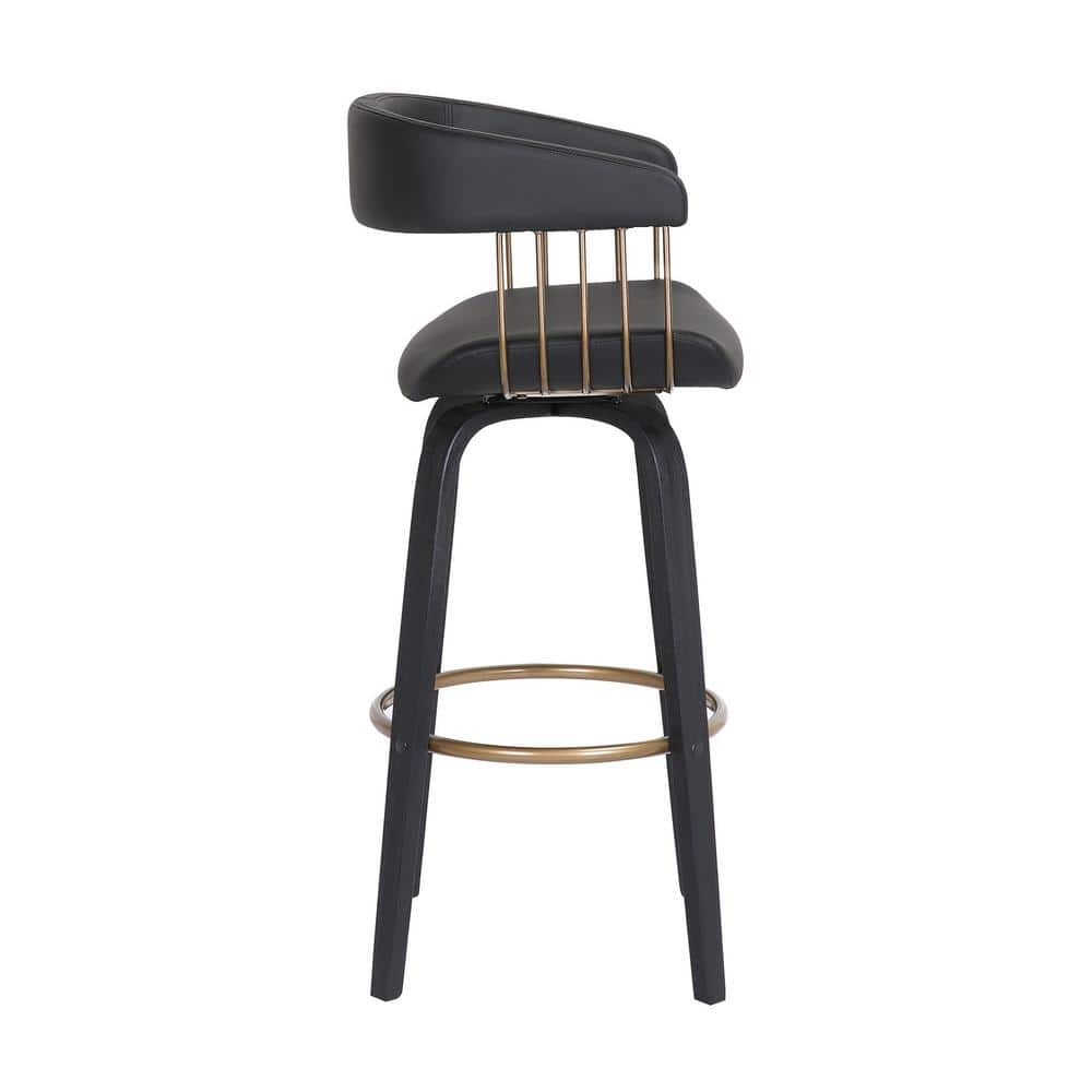 Adjustable Black Faux Leather Swivel Bar Stool with Walnut Wood