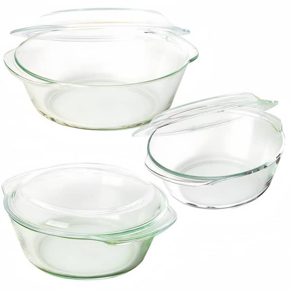 3 Sizes Round Borosilicate Glass Microwaveable Cookware with Lids for Oven, Cooking, Serving & Storage (6-Pack)