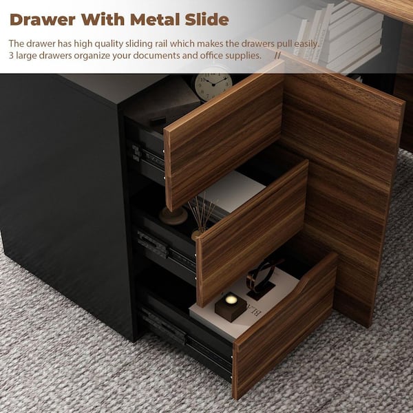 FUFU&GAGA 54.3 in. Reversible L-Shaped Brown Wood Writing Desk Office Workstation With Adjustable Shelves, Drawers, Doors Cabinet KF210181-01 FUFU&GAGA 54.3 in. Reversible L-Shaped Brown Wood Writing Desk Office Workstation With Adjustable Shelves, Drawers, Doors Cabinet KF210181-01