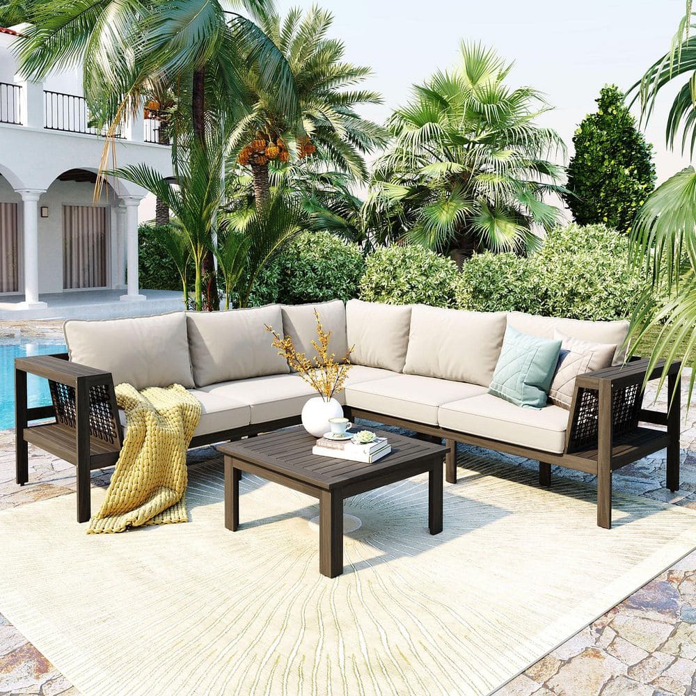 4-Piece Acacia Wood Outdoor Sectional Sofa Set, L-Shaped Woven
