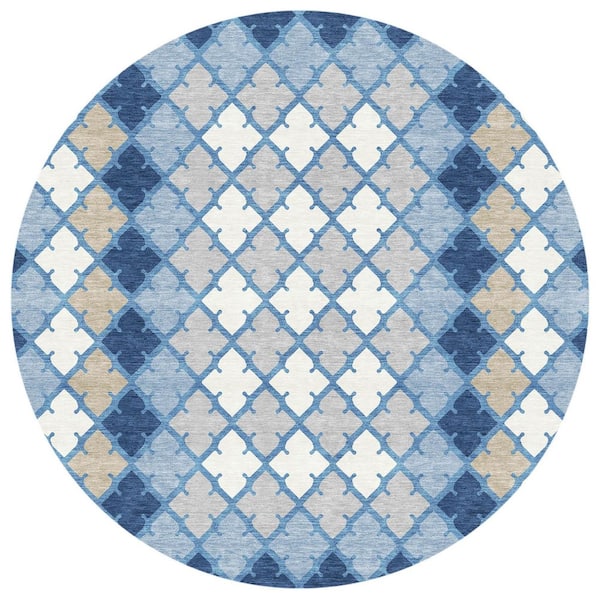 Chantille Machine Washable Indoor/Outdoor Abstract ACN2997 Denim 8 ft. x 8 ft. Round Rug