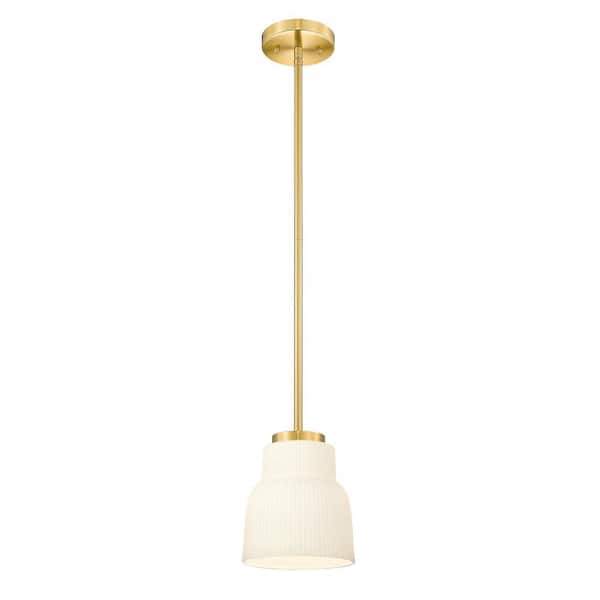 60-Watt 1-Light Brushed Gold Modern Pendant Light with Striped Opal Milk Glass Shade, No Bulbs Included