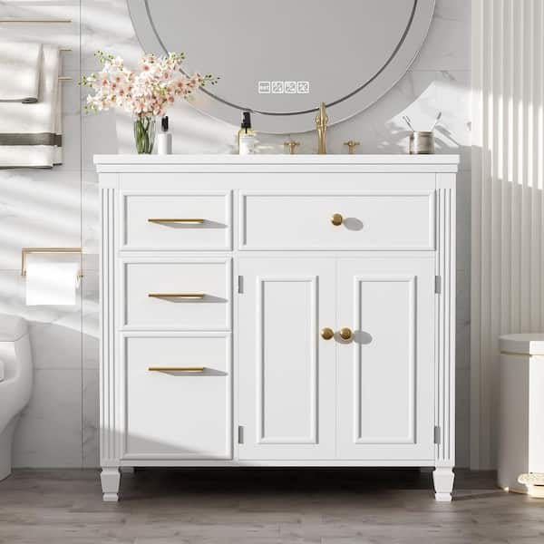 36 in. Freestanding White Bath Vanity with Ceramic Top Sink and 3 Side Drawers