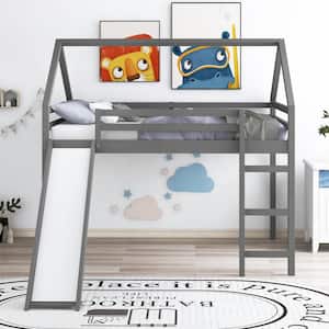 Gray Full Size Wood House Shape Loft Bed with Slide, Kids Loft Bed Frame with Roof and Ladder, No Box Spring Needed
