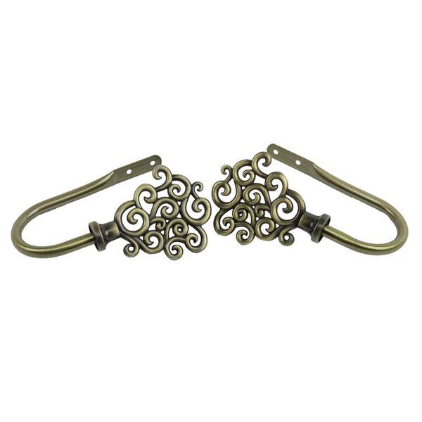 Rod Desyne Tidal Decorative Antique Brass Steel Hook Curtain Holdback (Set of 2)