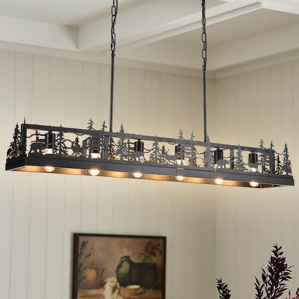 6-Light Black Farmhouse Linear Chandelier Ambient Rustic Hanging Ceiling Lighting for Dining Living Room Foyer