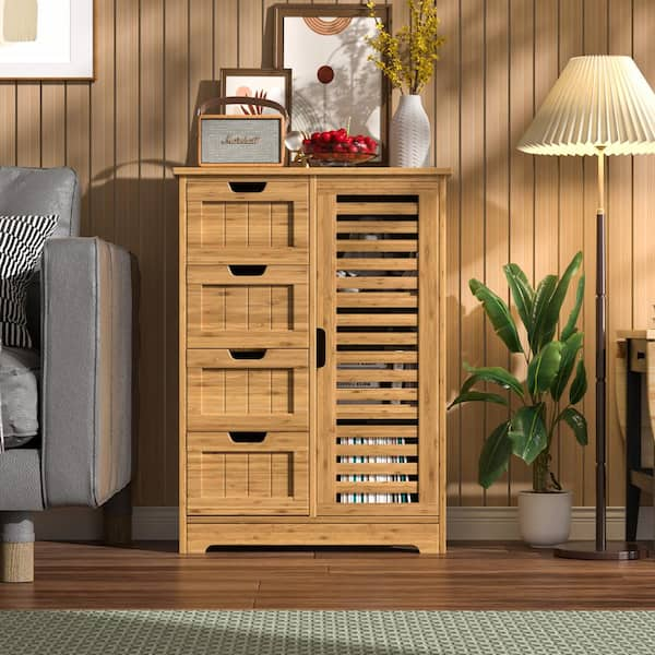 Yellow Bamboo 32.5 in. H Accent Cabinet Office Storage Cabinet with 2 Removable Shelves and 4-Drawer