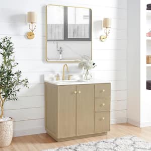 Oza 36 in. W x 22 in. D x 33.9 in. H Single Sink Bath Vanity in Natural Oak with White Quartz Stone Top and Mirror