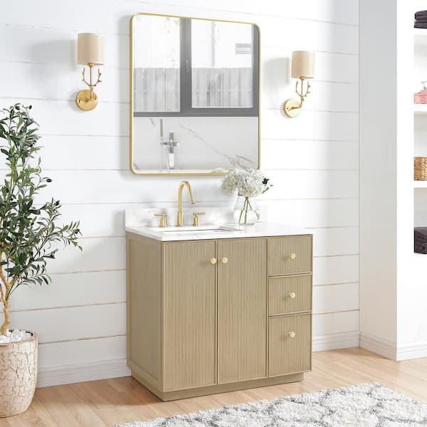 Oza 36 in. W x 22 in. D x 33.9 in. H Single Sink Bath Vanity in Natural Oak with White Quartz Stone Top and Mirror