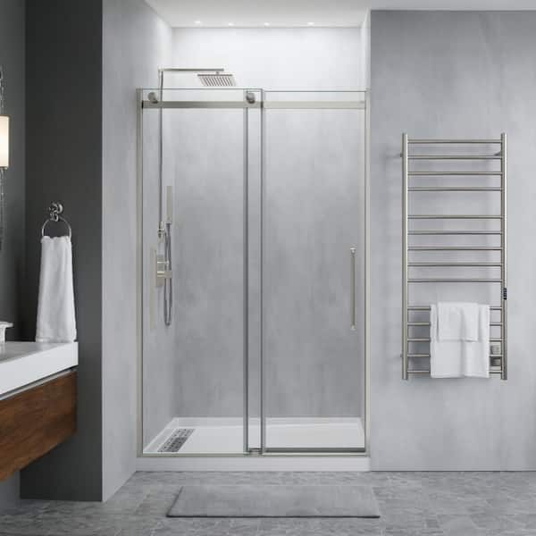 ANZZI Dama Series 48 in. x 76 in. H Sliding Frameless Shower Door in Brushed Nickel with Tsunami Guard Tempered Glass