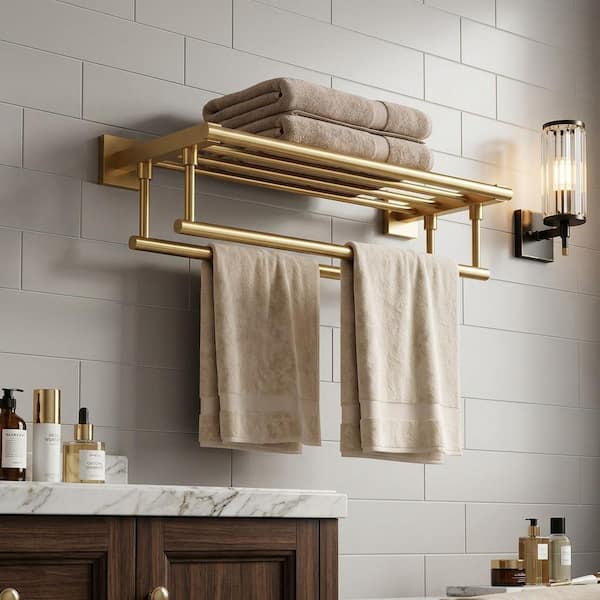 24 in. Bathroom Wall Mounted Double Tier Towel Rack with Double Towel Bar Stainless Steel in Brushed Gold