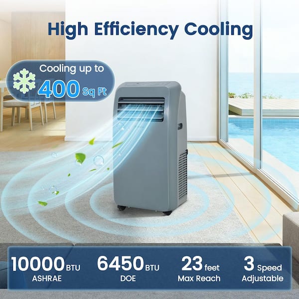 10,000 BTU (ASHRAE) Portable Air Conditioner Cools 400 sq. ft. with 76 pt. Dehumidifier & Remote, Swing, Washable Filter