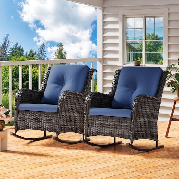 JOYSIDE Wicker Outdoor Rocking Chair Patio with Blue Cushion (2-Pack)