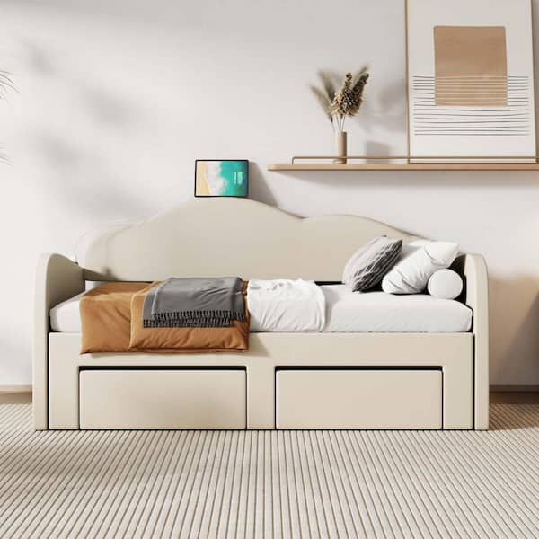 Beige Twin Size Daybed with Cloud-Shaped Backrest, Trundle & 2-Drawers and USB Ports
