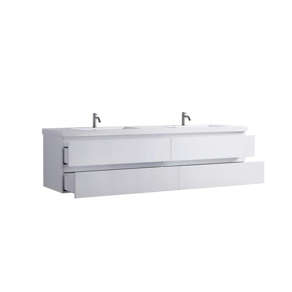 84" White Plywood Floating Double Sink Vanity with Resin Top
