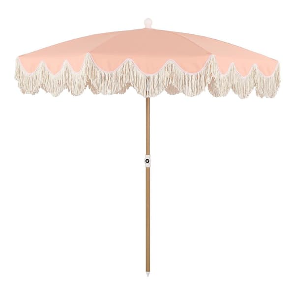 Mariner 6.5 ft. Classic Cottage Fringe Tassel Market Beach Umbrella in Coral Pink/Cream, Brown Pole