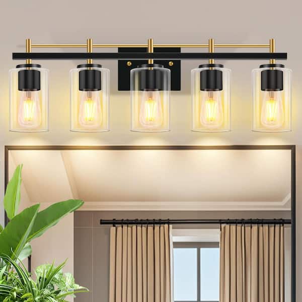 GMGSROM 30.5 in. 5-Light Matte Black & Gold Modern Vanity Light with Clear Glass Shade