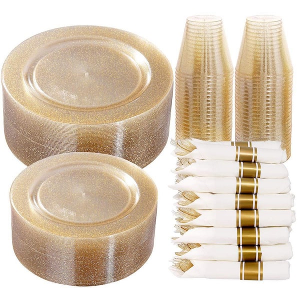 350-Piece Gold Glitter Disposable Dinnerware Set for 50 Guests, Plates, Cups, Cutlery, and Napkins for Parties