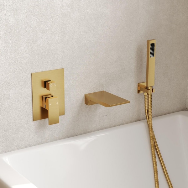 Wall Mount Single Handle 1-Spray Tub and Shower Faucet 2.5 GPM in. Brushed Gold Valve Included