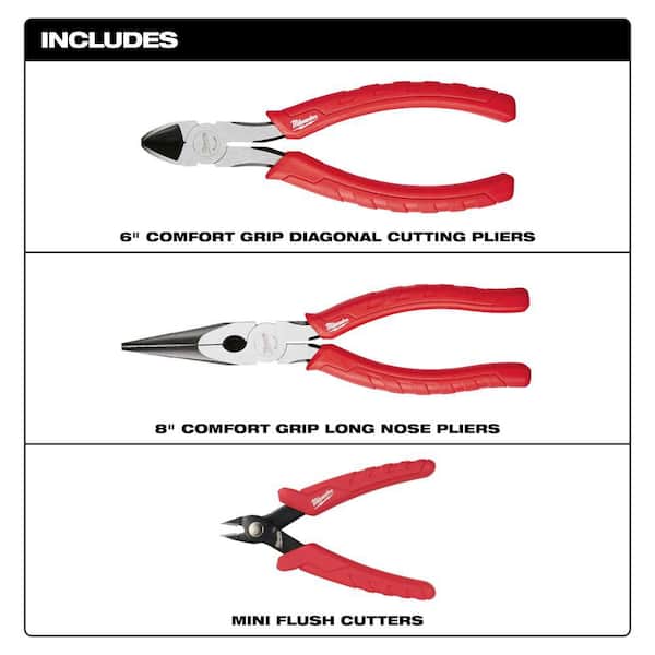 6" Comfort Grip Diagonal Cutting Pliers, 8" Comfort Grip Long Nose Pliers, and Mini Flush Cutters