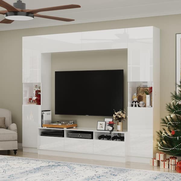 FUFU&GAGA 4-Piece High Gloss White Wood Entertainment Center Media Console with Door Cabinets, Bookshelves for TVs up to 63 in.