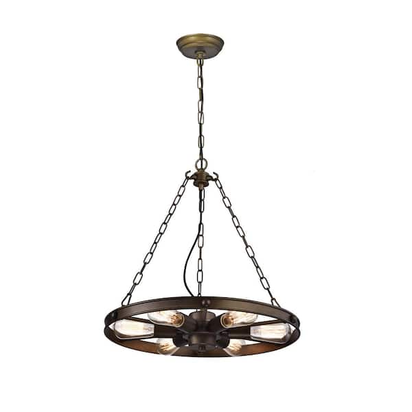 GREENVILLE SIGNATURE Scolca 6-Light Bronze Wagon Wheel Chandelier for Kitchen Island, Dining Room with No Bulbs Included