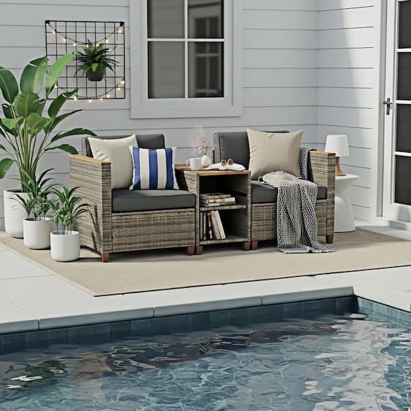 Arbor 3-Piece Light Gray Wicker Outdoor Bistro Set with Wood Coffee Table with Dark Gray Cushions