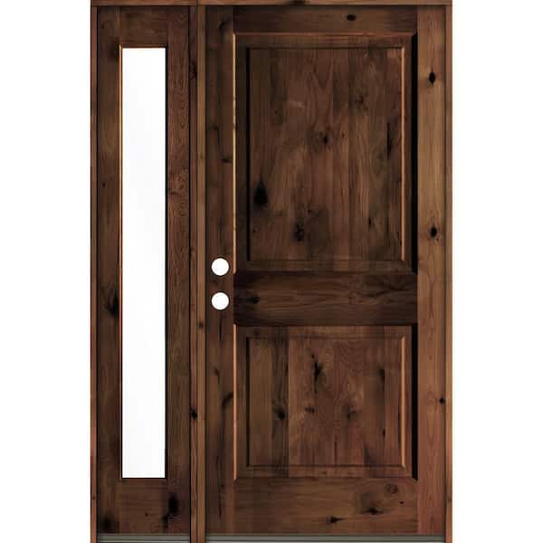 Krosswood Doors 50 in. x 80 in. Rustic knotty alder Right-Hand/Inswing Clear Glass Red Mahogany Stain Wood Prehung Front Door w/Sidelite