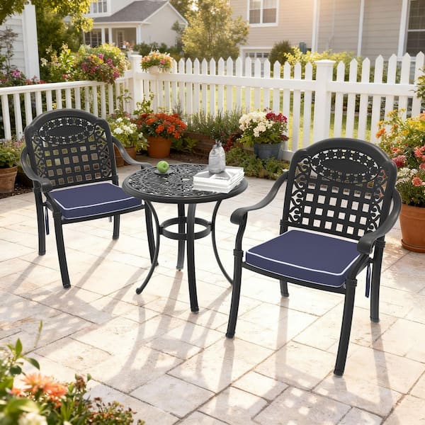 3-Piece Black Cast Aluminum Outdoor Dining Set with Blue Cushions