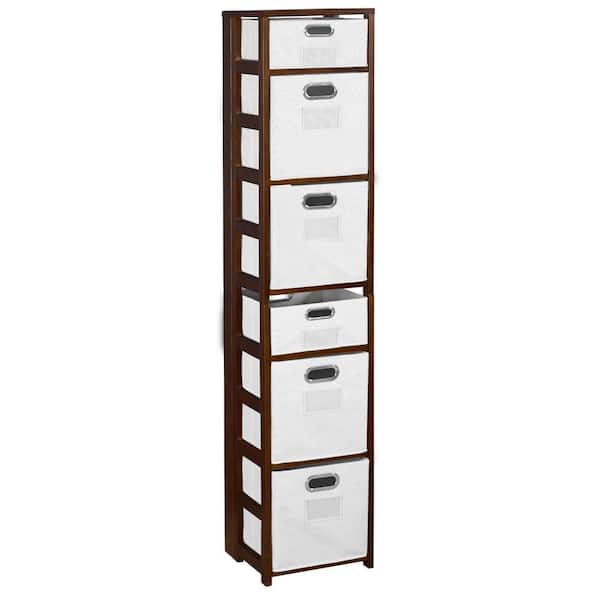 Regency Nemus 67 in. H Mocha Walnut and White Wood 6-Shelf Square Folding Standard Bookcase with Folding Fabric Bins