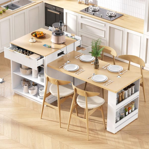 Seafuloy White Wood 83 in. W Fluted Kitchen Island with Extendable ...