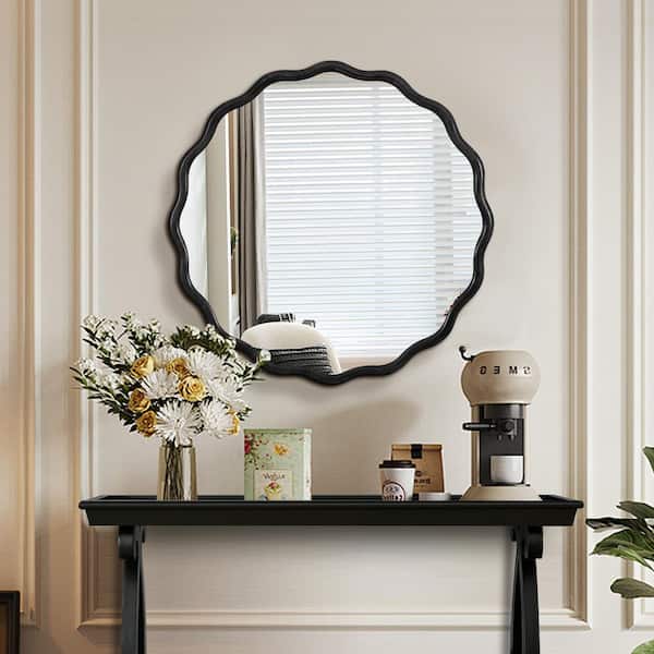 Unbranded 31 in. W x 31 in. H Solid Wood Wavy Wall Mirror Round Vanity Mirror Decorative Mirror for Living Room Entryway, Black