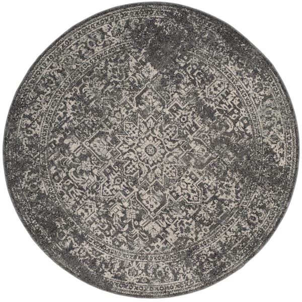 Evoke 10 ft. x 10 ft. Round Gray/Ivory Distressed Border Medallion Area Rug