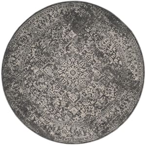 Evoke Gray/Ivory 5 ft. x 5 ft. Round Border Medallion Distressed Area Rug