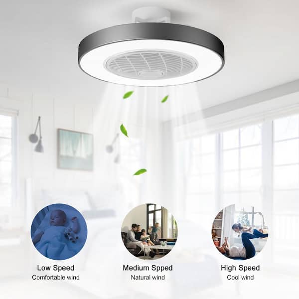 20 in. LED Indoor Black Modern Dimmable Caged Low Profile Flush Mount Ceiling Fan Light with Remote Control and App