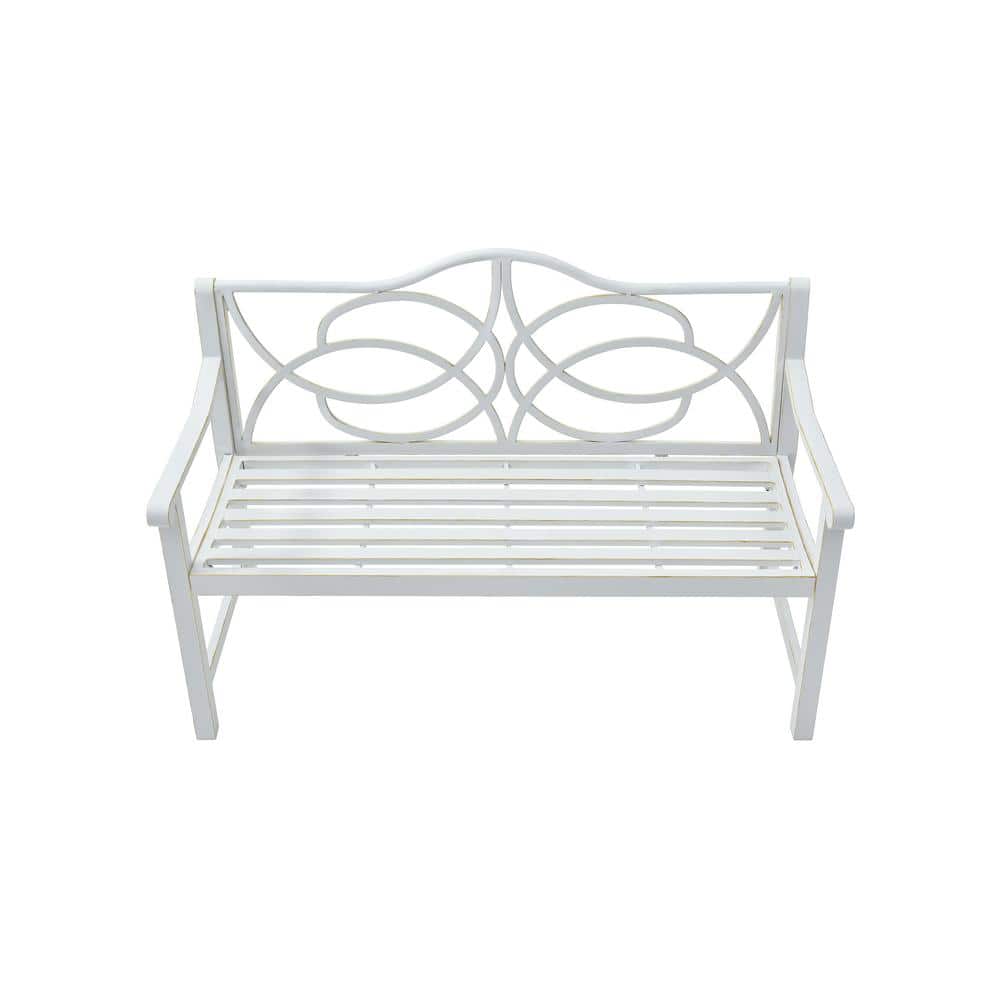 2-3 People White Metal Outdoor Garden Patio Bench with Backrest and Armrest