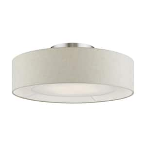 Carrington 21 in. 4-Light Brushed Nickel Semi Flush Mount with Oatmeal Fabric Shade