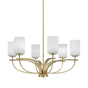 Olympia 6 Light, Uplight, Chandelier, New Age Brass Finish, 4 in. White Muslin Glass