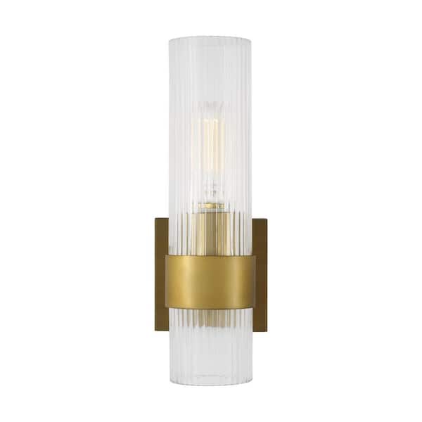 Generation Lighting Geneva 4.5 in. W x 12.625 in. H 1-Light Burnished Brass Mid-Century Modern Wall Sconce with Clear Fluted Glass Shade