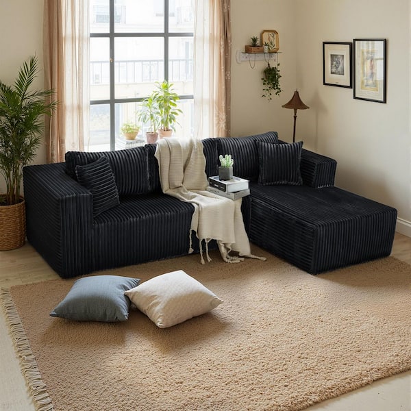 105.11 in. Wide Square Arm 2-Piece Modern Corduroy Fabric L-Shape Modular Sectional Sofa in Black with Chaise