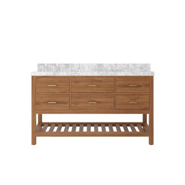 Willow Collections Parker Teak 60 in. W x 22 in. D x 36 in. H Single Sink Bath Vanity in Golden Teak with 2 in. Carrara Marble Top
